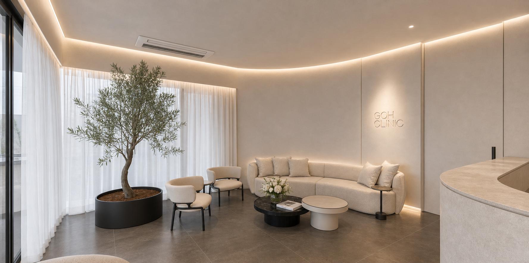 Projeto da área de espera da nova GOH Clinic com árvore e mobiliário orgânico